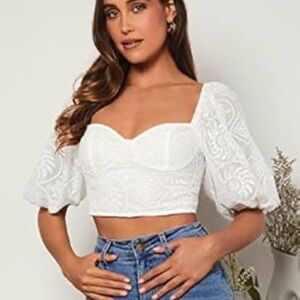 SHEIN White Textured Puff Sleeve Blouse